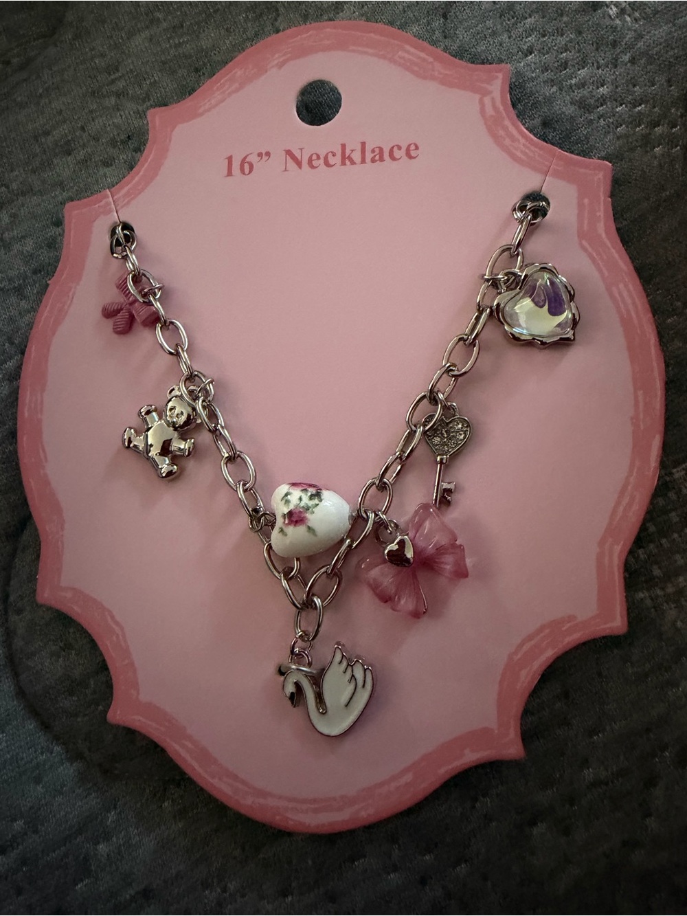 Girls Pink Charm Necklace with Swan and Floral Heart